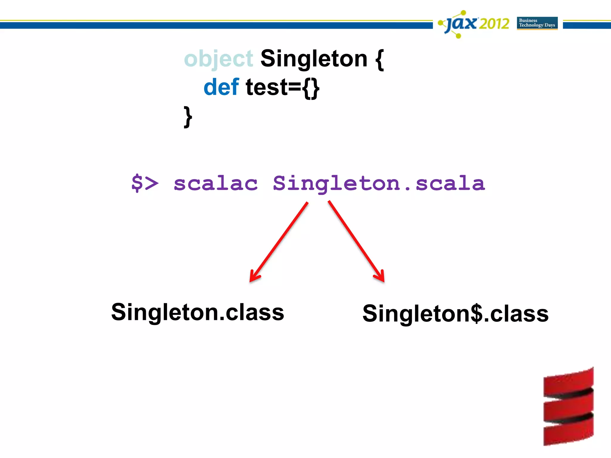 object Singleton {
        def test={}
      }

 $> scalac Singleton.scala




Singleton.class       Singleton$.class
 