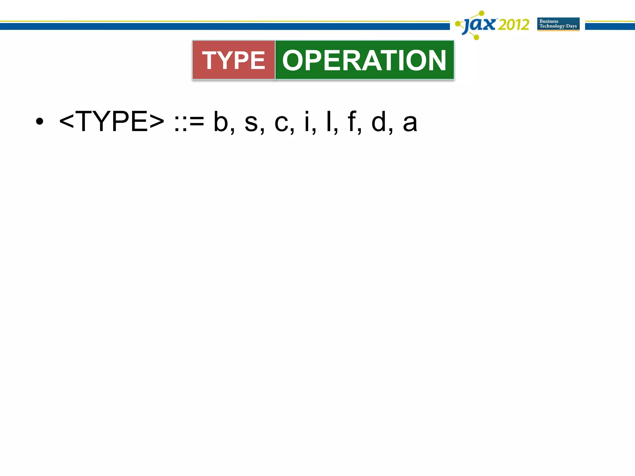 TYPE OPERATION

• <TYPE> ::= b, s, c, i, l, f, d, a
 