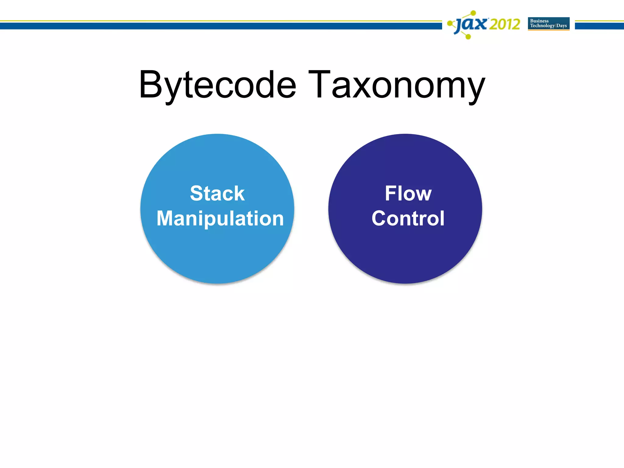 Bytecode Taxonomy

  Stack         Flow
Manipulation   Control
 