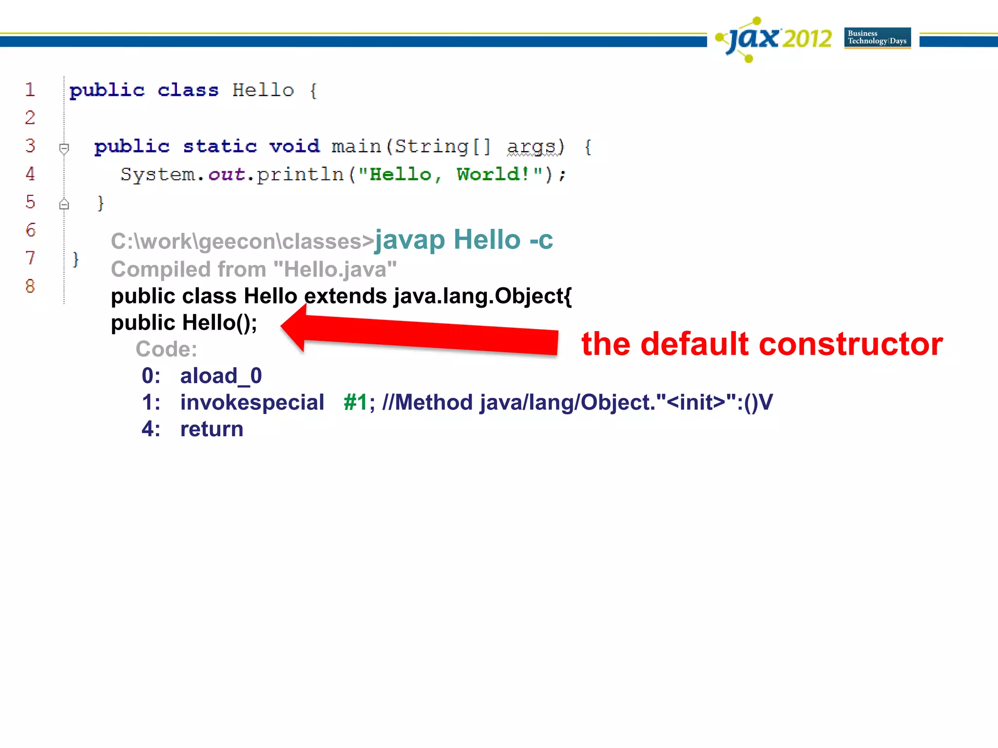 C:workgeeconclasses>javap Hello -c
Compiled from "Hello.java"
public class Hello extends java.lang.Object{
public Hello();
  Code:                                      the default constructor
   0: aload_0
   1: invokespecial #1; //Method java/lang/Object."<init>":()V
   4: return
 