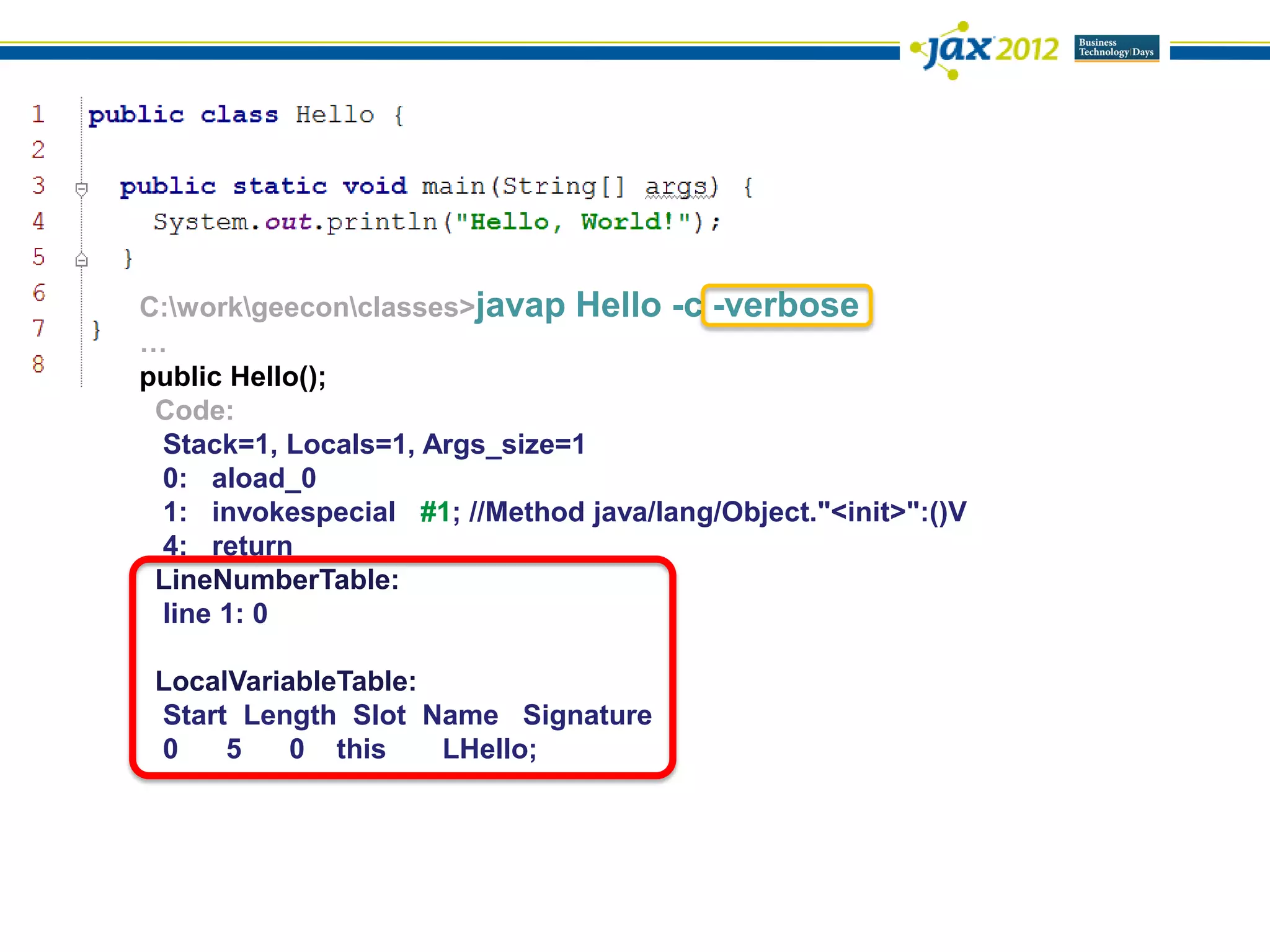 C:workgeeconclasses>javap Hello -c -verbose
…
public Hello();
 Code:
 Stack=1, Locals=1, Args_size=1
 0: aload_0
 1: invokespecial #1; //Method java/lang/Object."<init>":()V
 4: return
 LineNumberTable:
 line 1: 0

 LocalVariableTable:
 Start Length Slot Name Signature
 0    5    0 this    LHello;
 