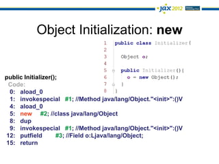 Object Initialization: new


public Initializer();
 Code:
 0: aload_0
 1: invokespecial #1; //Method java/lang/Object."<init>":()V
 4: aload_0
 5: new #2; //class java/lang/Object
 8: dup
 9: invokespecial #1; //Method java/lang/Object."<init>":()V
12: putfield        #3; //Field o:Ljava/lang/Object;
15: return
 
