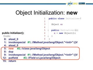 Object Initialization: new


public Initializer();
 Code:
 0: aload_0
 1: invokespecial #1; //Method java/lang/Object."<init>":()V
 4: aload_0
 5: new #2; //class java/lang/Object
 8: dup
 9: invokespecial #1; //Method java/lang/Object."<init>":()V
12: putfield        #3; //Field o:Ljava/lang/Object;
15: return
 