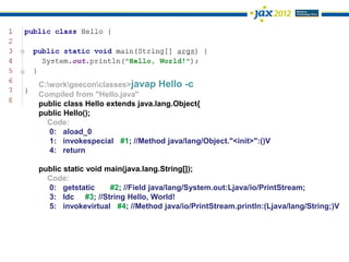 C:workgeeconclasses>javap Hello -c
Compiled from "Hello.java"
public class Hello extends java.lang.Object{
public Hello();
  Code:
   0: aload_0
   1: invokespecial #1; //Method java/lang/Object."<init>":()V
   4: return

public static void main(java.lang.String[]);
  Code:
  0: getstatic      #2; //Field java/lang/System.out:Ljava/io/PrintStream;
  3: ldc #3; //String Hello, World!
  5: invokevirtual #4; //Method java/io/PrintStream.println:(Ljava/lang/String;)V
 