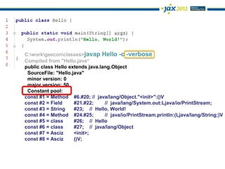 C:workgeeconclasses>javap Hello -c -verbose
Compiled from "Hello.java“
public class Hello extends java.lang.Object
 SourceFile: "Hello.java"
 minor version: 0
 major version: 50
 Constant pool:
const #1 = Method #6.#20; // java/lang/Object."<init>":()V
const #2 = Field     #21.#22;     // java/lang/System.out:Ljava/io/PrintStream;
const #3 = String    #23; // Hello, World!
const #4 = Method #24.#25;        // java/io/PrintStream.println:(Ljava/lang/String;)V
const #5 = class     #26; // Hello
const #6 = class     #27; // java/lang/Object
const #7 = Asciz     <init>;
const #8 = Asciz     ()V;
 