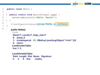 C:workgeeconclasses>javap Hello -c -verbose
…
public Hello();
 Code:
 Stack=1, Locals=1, Args_size=1
 0: aload_0
 1: invokespecial #1; //Method java/lang/Object."<init>":()V
 4: return
 LineNumberTable:
 line 1: 0

 LocalVariableTable:
 Start Length Slot Name Signature
 0    5    0 this    LHello;
 