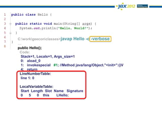 C:workgeeconclasses>javap Hello -c -verbose
…
public Hello();
 Code:
 Stack=1, Locals=1, Args_size=1
 0: aload_0
 1: invokespecial #1; //Method java/lang/Object."<init>":()V
 4: return
 LineNumberTable:
 line 1: 0

 LocalVariableTable:
 Start Length Slot Name Signature
 0    5    0 this    LHello;
 