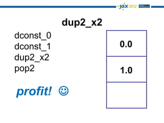dup2_x2
dconst_0
dconst_1             0.0
dup2_x2
pop2                 1.0

profit! 
 