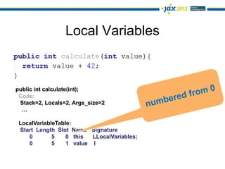 Local Variables



public int calculate(int);
 Code:
 Stack=2, Locals=2, Args_size=2
  …

 LocalVariableTable:
 Start Length Slot Name Signature
    0        5    0 this  LLocalVariables;
    0        5    1 value I
 