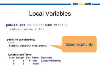 Local Variables



public int calculate(int);
 Code:
 Stack=2, Locals=2, Args_size=2              Sized explicitly
  …

 LocalVariableTable:
 Start Length Slot Name Signature
    0        5    0 this  LLocalVariables;
    0        5    1 value I
 