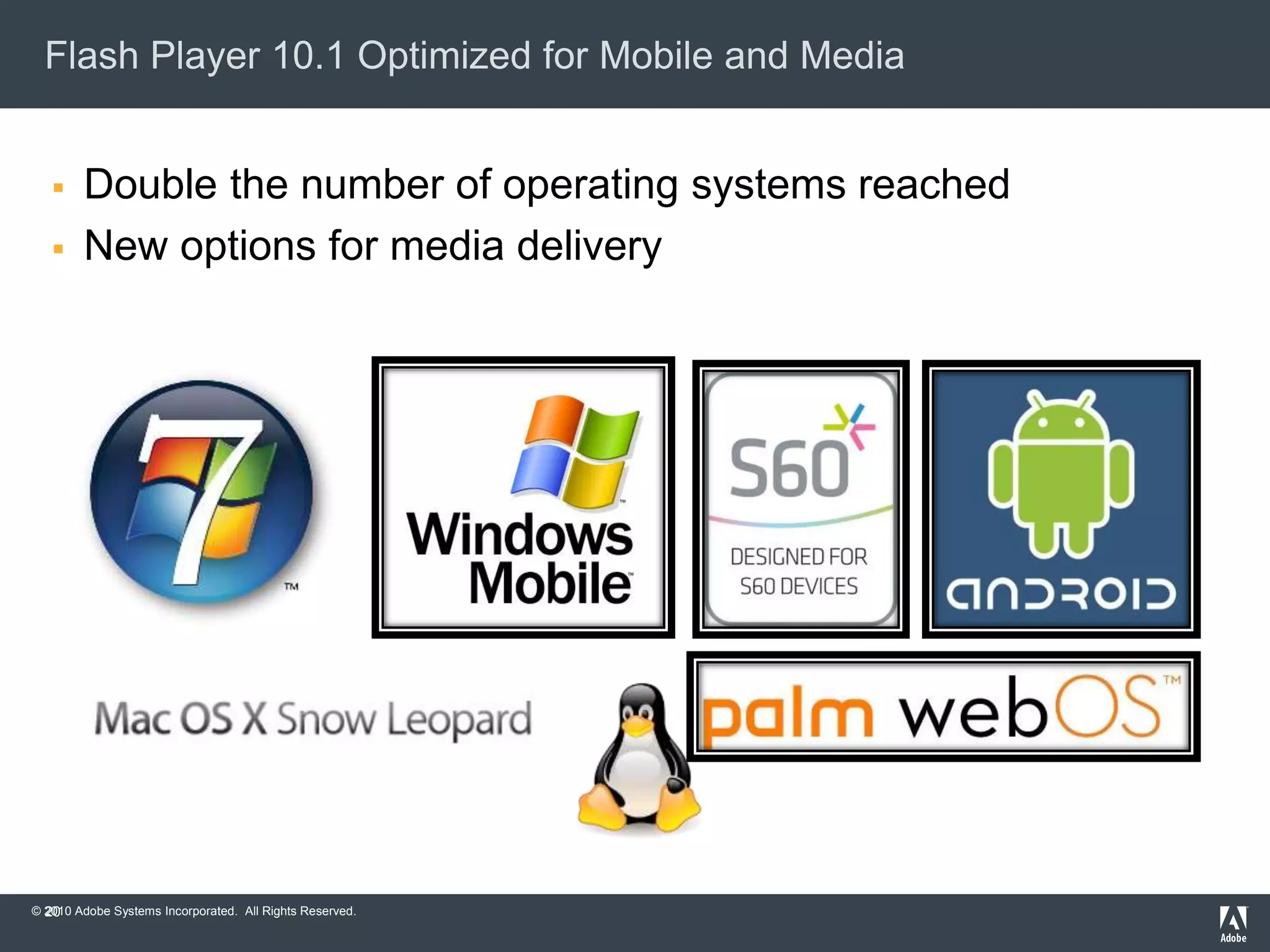 © 2010 Adobe Systems Incorporated. All Rights Reserved.
Flash Player 10.1 Optimized for Mobile and Media
20
 Double the number of operating systems reached
 New options for media delivery
 