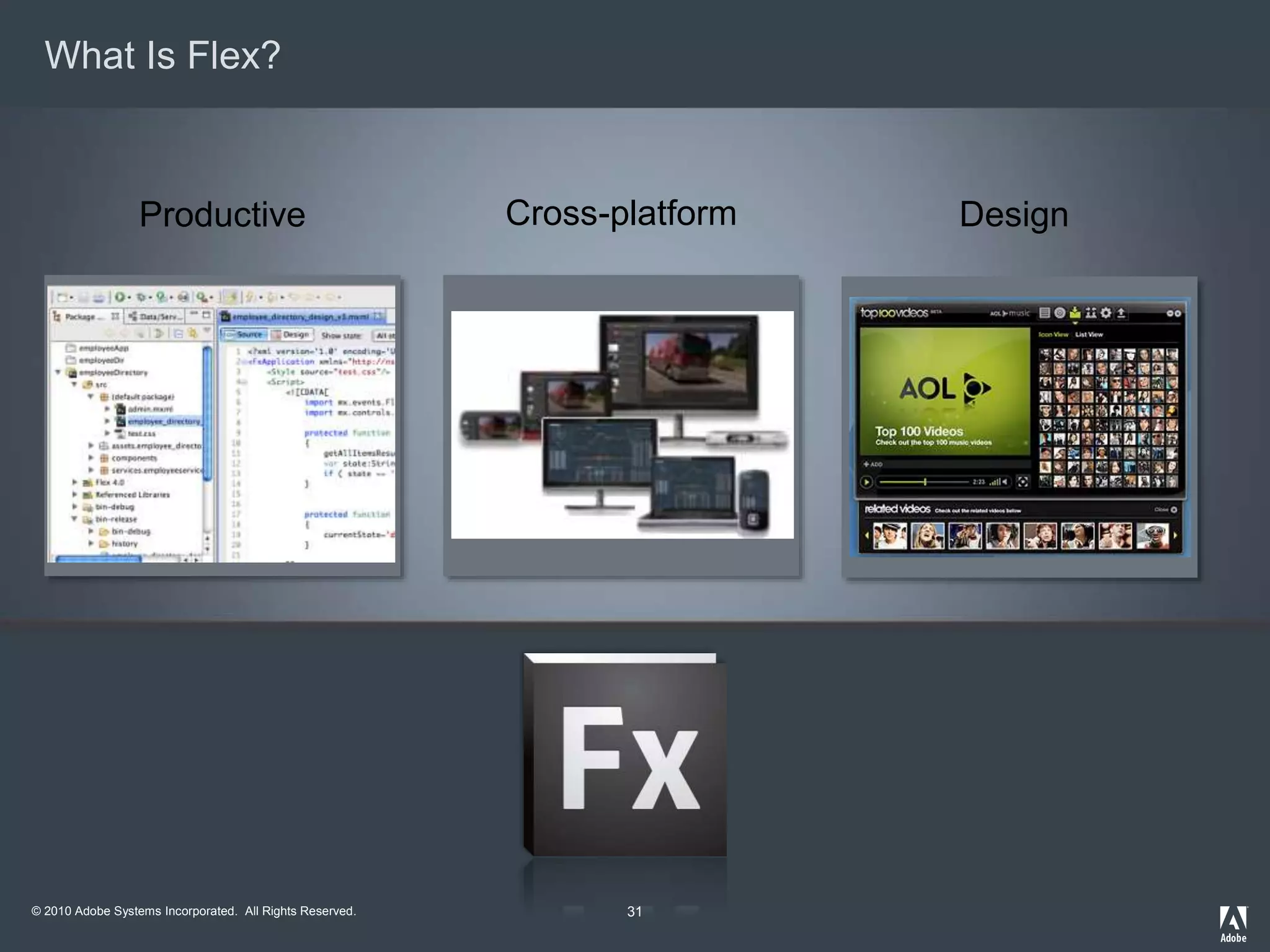 © 2010 Adobe Systems Incorporated. All Rights Reserved.
What Is Flex?
31
Productive Cross-platform Design
 