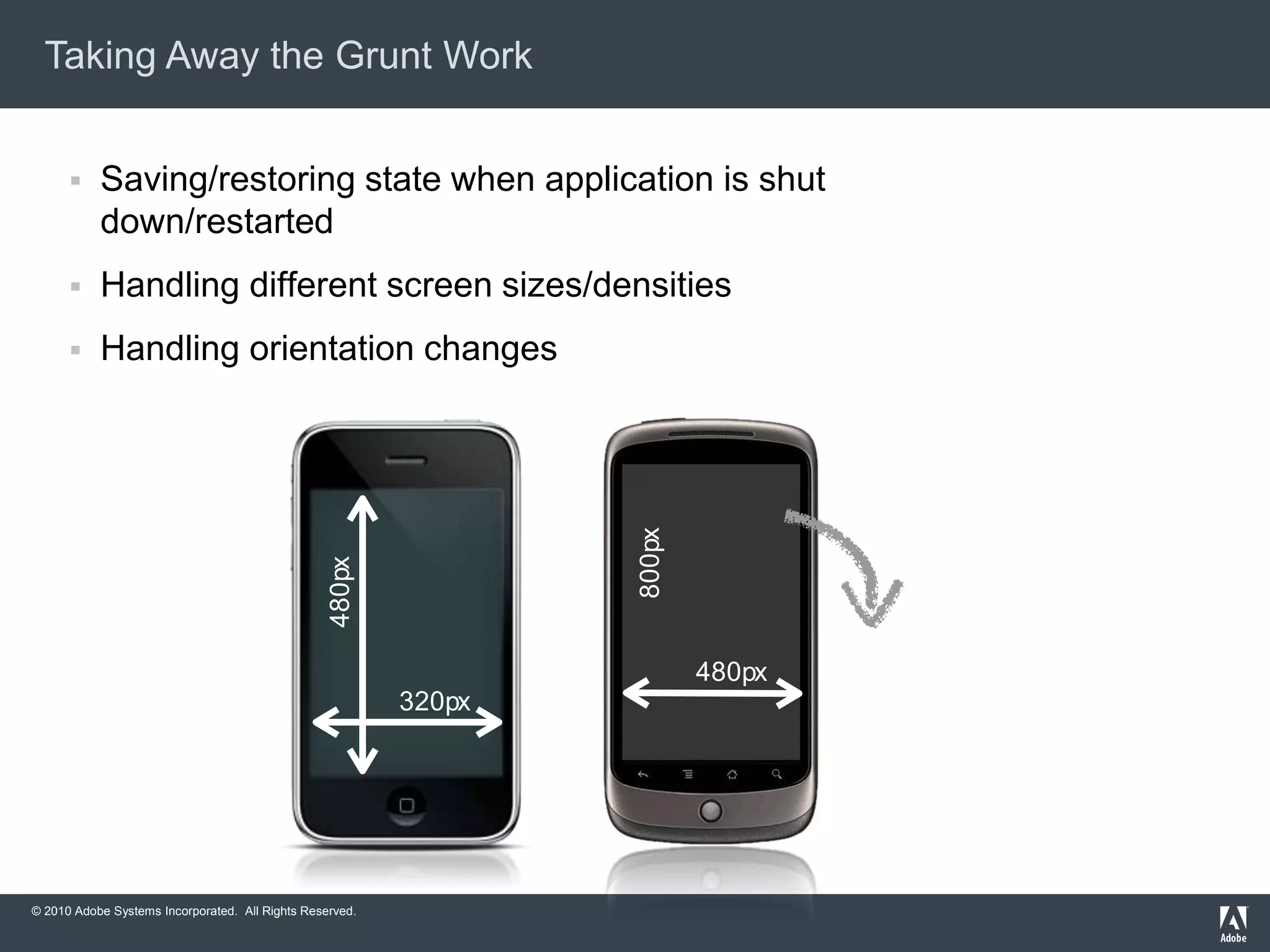 © 2010 Adobe Systems Incorporated. All Rights Reserved.
Taking Away the Grunt Work
 Saving/restoring state when application is shut
down/restarted
 Handling different screen sizes/densities
 Handling orientation changes
320px
480px
800px
480px
 