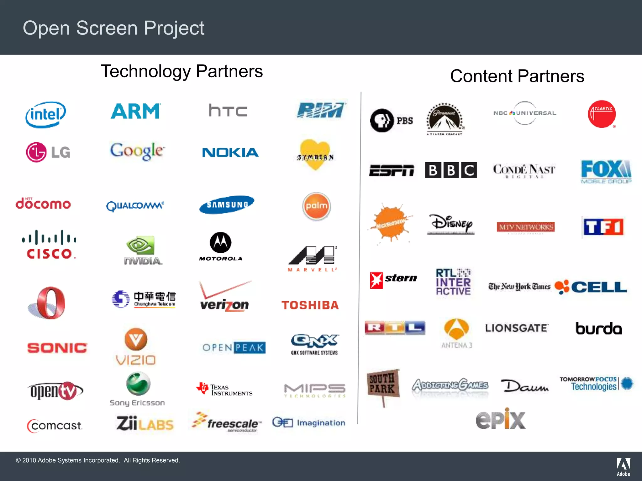 © 2010 Adobe Systems Incorporated. All Rights Reserved.
Technology Partners
Open Screen Project
Content Partners
 
