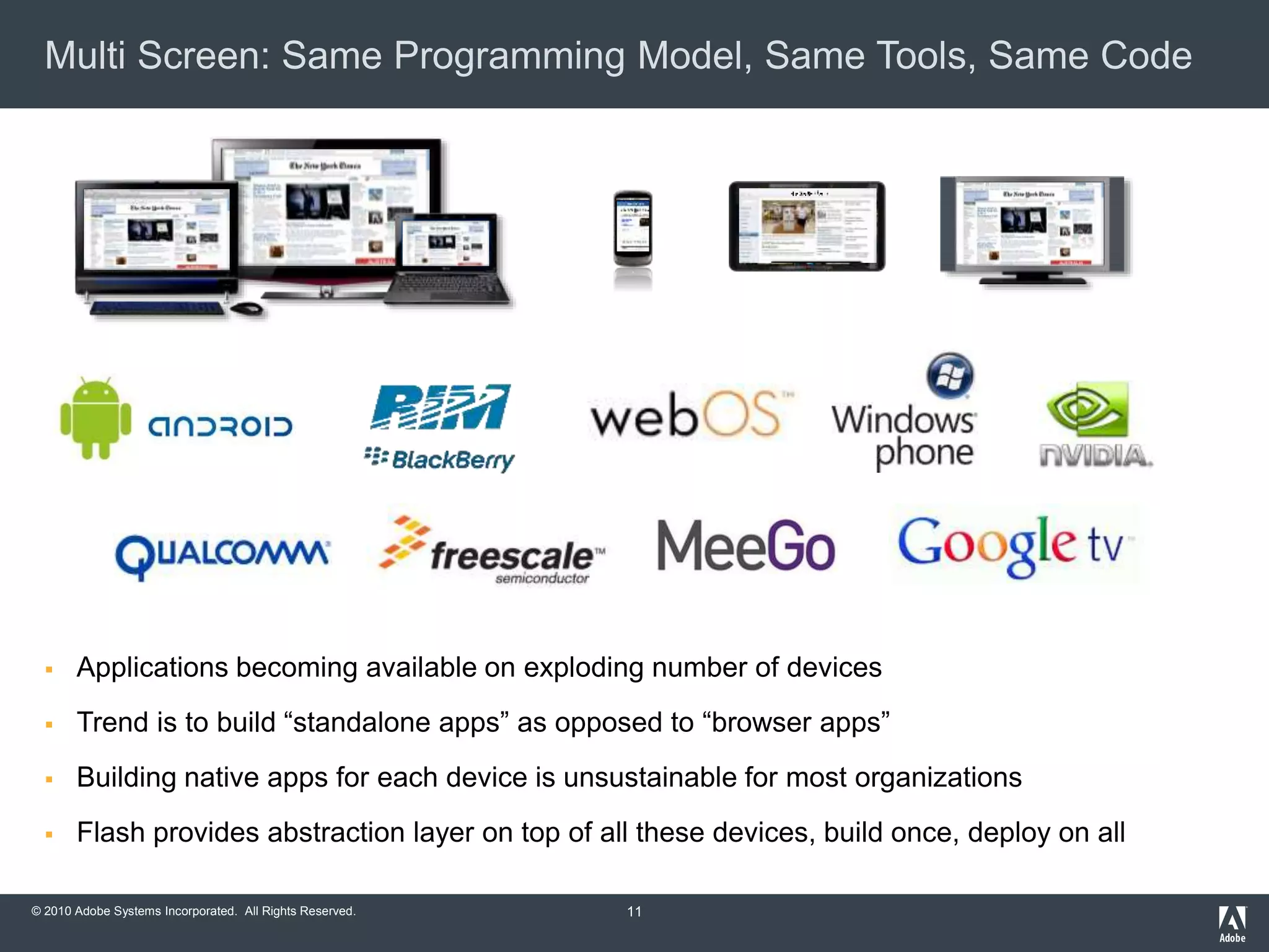 © 2010 Adobe Systems Incorporated. All Rights Reserved.
Multi Screen: Same Programming Model, Same Tools, Same Code
 Applications becoming available on exploding number of devices
 Trend is to build “standalone apps” as opposed to “browser apps”
 Building native apps for each device is unsustainable for most organizations
 Flash provides abstraction layer on top of all these devices, build once, deploy on all
11
 