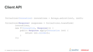 Client API

 Collection<Invocation> invocations = Arrays.asList(inv1, inv2);

 Collection<Response> responses = Collections.transform(
         invocations,
         new F<Invocation, Response>() {
             public Response apply(Invocation inv) {
                 return inv.invoke();
             }
         });




14   Copyright © 2012, Oracle and/or its affiliates. All rights reserved.
 