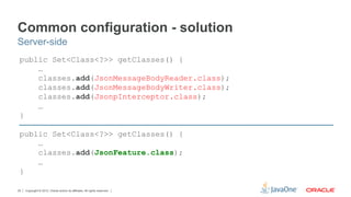 Common configuration - solution
Server-side
 public Set<Class<?>> getClasses() {
     …
     classes.add(JsonMessageBodyReader.class);
     classes.add(JsonMessageBodyWriter.class);
     classes.add(JsonpInterceptor.class);
     …
 }

 public Set<Class<?>> getClasses() {
     …
     classes.add(JsonFeature.class);
     …
 }

20   Copyright © 2012, Oracle and/or its affiliates. All rights reserved.
 