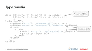 Hypermedia
                                                                            Transitional Links
Link: <http://.../orders/1/ship>; rel=ship,
      <http://.../orders/1/cancel>; rel=cancel
      ...
<order id="1">
    <customer>http://.../customers/11</customer>
    <address>http://.../customers/11/address/1</address>
    <items>
         <item>                                          Structural Links
             <product>http://.../products/111</product>
             <quantity>2</quantity>
         </item>
    <items>
    ...
</order>


46   Copyright © 2012, Oracle and/or its affiliates. All rights reserved.
 
