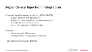 Dependency Injection Integration

 §  Support Java Dependency Injection API (JSR-330)
      –  Support	
  @Inject	
  and	
  @Qualifier ?
      –  @Qualifier	
  as a replacement for	
  @NamedBinding	
  ?
      –  Provider vs.	
  ContextResolver ?
      –  Support DI (JSR-330) or CDI (JSR-299)?


 §  Issues
       –  Interference with CDI providers
       –  EG does not see enough added value for DI


 §  DI-style injection support deferred




59   Copyright © 2012, Oracle and/or its affiliates. All rights reserved.
 