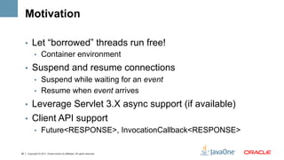 Motivation

     •  Let “borrowed” threads run free!
        •  Container environment

     •  Suspend and resume connections
        •  Suspend while waiting for an event
        •  Resume when event arrives

     •  Leverage Servlet 3.X async support (if available)
     •  Client API support
        •  Future<RESPONSE>, InvocationCallback<RESPONSE>


38   Copyright © 2011, Oracle and/or its affiliates. All rights reserved.
 