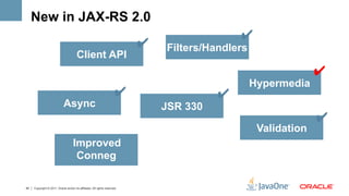 New in JAX-RS 2.0
                                                                                              ✔
                                                                            ✔   Filters/Handlers
                                        Client API
                                                                                                                 ✔
                                                                                                   Hypermedia
                                                                       ✔                  ✔
                             Async                                              JSR 330
                                                                                                                 ✔
                                                                                                    Validation
                                     Improved
                                      Conneg

42   Copyright © 2011, Oracle and/or its affiliates. All rights reserved.
 