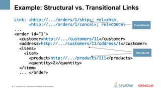 Example: Structural vs. Transitional Links
     Link: <http://.../orders/1/ship>; rel=ship,	
            <http://.../orders/1/cancel>; rel=cancel	   Transitional
     ...	
     <order id="1">	
       <customer>http://.../customers/11</customer>	
       <address>http://.../customers/11/address/1</customer>	
       <items>	
          <item>	                                         Structural

            <product>http://.../products/111</products>	
            <quantity>2</quantity>	
       </item>	
       ... </order>    	


44   Copyright © 2011, Oracle and/or its affiliates. All rights reserved.
 