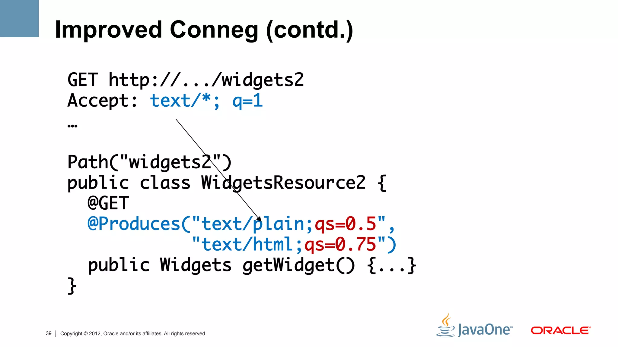 Improved Conneg (contd.)

        GET http://.../widgets2	
        Accept: text/*; q=1	
        …	
        	
        Path("widgets2")	
        public class WidgetsResource2 {	
           @GET	
           @Produces("text/plain;qs=0.5",	
                     "text/html;qs=0.75")	
           public Widgets getWidget() {...}	
        }	

39   Copyright © 2012, Oracle and/or its affiliates. All rights reserved.
 