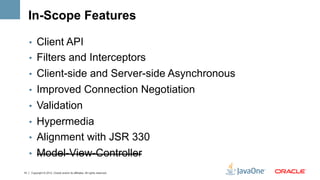 In-Scope Features

     •  Client API
     •  Filters and Interceptors
     •  Client-side and Server-side Asynchronous
  ...