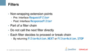 Filters

     •  Non-wrapping extension points
        •  Pre: Interface RequestFilter	
        •  Post: Interface Respons...