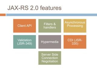 JAX-RS 2.0 features

                              Asynchronous
                 Filters &
   Client API                  Processing
                 handlers


   Validation                  CDI (JSR-
                Hypermedia
   (JSR-349)                     330)


                Server Side
                Connection
                Negotiation
 