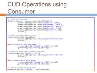 CUD Operations using
Consumer
// create the new product
OEntity newSupplier = consumer.createEntity("Supplier")
            .properties(OProperties.string("supplierId", "S200"))
            .properties(OProperties.string("supplierName", "Smith A"))
            .properties(OProperties.string("supplierCity", "Boston"))
            .properties(OProperties.string("supplierState", "MA"))
            .properties(OProperties.decimal("supplierStatus", 20L))
            .execute();

// update the newly created product
consumer.updateEntity(newSupplier)
            .properties(OProperties.string("supplierName", "Carl A"))
            .execute();

report("newSupplier name after update: "
            + consumer.getEntity("Supplier", "S200").execute()
            .getProperty("supplierName").getValue());

// update the newly create product using merge
consumer.mergeEntity("Supplier", "S101")
            .properties(OProperties.string("supplierName", "Zack A"))
            .execute();

report("newPart rating after merge: "
            + consumer.getEntity("Supplier", "S101").execute()
            .getProperty("supplierName").getValue());

// clean up, delete the new product
consumer.deleteEntity("Supplier", "S200").execute();
 