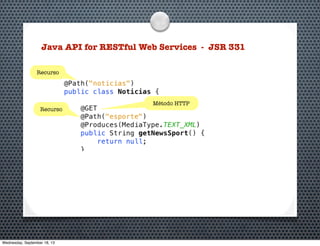 Java API for RESTful Web Services - JSR 331
Recurso
Recurso
Método HTTP
Wednesday, September 18, 13
 
