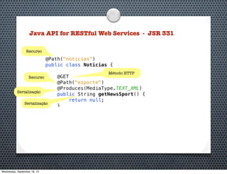 Java API for RESTful Web Services - JSR 331
Recurso
Recurso
Método HTTP
Serialização
Serialização
Wednesday, September 18, 13
 