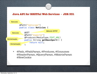 Java API for RESTful Web Services - JSR 331
• @Path, @PathParam, @Produces, @Consumes
@HeaderParam, @QueryParam, @MatrixParam
@NewCookie
Recurso
Recurso
Método HTTP
Serialização
Serialização
Wednesday, September 18, 13
 