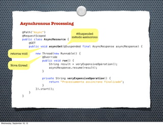 Asynchronous Processing
@Suspended
método assíncrono
Nova thread
retorna void
Wednesday, September 18, 13
 