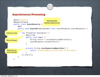 Asynchronous Processing
@Suspended
método assíncrono
Nova thread
Executa na
nova thread
retorna void
Wednesday, September 18, 13
 