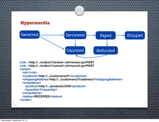 Link: <http://.../orders/1/review>;rel=review;op=POST
Link: <http://.../orders/1/cancel>;rel=cancel;op=POST
<order>
<id>1</id>
<customer>http://.../customers/21</customer>
<shippingAddress>http://.../customers/21/address/1<shippingAddress>
<orderItems>
<product>http://.../products/3345</product>
<quantity>1</quantity>
</orderItems>
<status>RECEIVED</status>
</order>
Hypermerdia
Reviewed
Canceled
Payed
Refunded
Received Shipped
Wednesday, September 18, 13
 