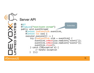 #DevoxxUS
Server API
15
@GET 
@Produces(“text/event-stream”) 
public void eventStream(
@Context SseEventSink eventSink, 
@...