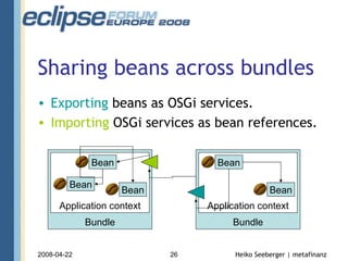 Sharing beans across bundles Exporting  beans as OSGi services. Importing  OSGi services as bean references. Bundle Application context Bundle Application context Bean Bean Bean Bean Bean 