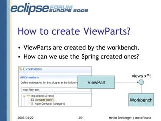 How to create ViewParts? ViewParts are created by the workbench. How can we use the Spring created ones? Workbench views xPt ViewPart 