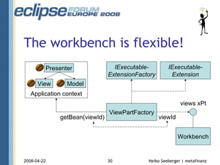 The workbench is flexible! Workbench ViewPartFactory views xPt IExecutable- ExtensionFactory IExecutable- Extension getBean viewId (viewId) Application context Presenter View Model 