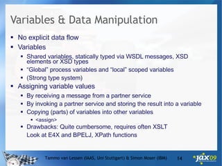 Variables & Data Manipulation No explicit data flow Variables Shared variables, statically typed via WSDL messages, XSD elements or XSD types “ Global” process variables and “local” scoped variables (Strong type system) Assigning variable values By receiving a message from a partner service By invoking a partner service and storing the result into a variable Copying (parts) of variables into other variables <assign> Drawbacks: Quite cumbersome, requires often XSLT Look at E4X and BPELJ, XPath functions Tammo van Lessen (IAAS, Uni Stuttgart) & Simon Moser (IBM) 