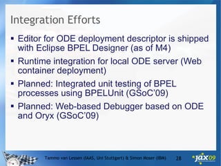 Integration Efforts  Editor for ODE deployment descriptor is shipped with Eclipse BPEL Designer (as of M4) Runtime integration for local ODE server (Web container deployment) Planned: Integrated unit testing of BPEL processes using BPELUnit (GSoC’09) Planned: Web-based Debugger based on ODE and Oryx (GSoC’09) Tammo van Lessen (IAAS, Uni Stuttgart) & Simon Moser (IBM) 