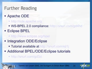 Further Reading Apache ODE http://ode.apache.org   WS-BPEL 2.0 compliance:  http://snurl.com/gd4hd   Eclipse BPEL http://www.eclipse.org/bpel Integration ODE/Eclipse Tutorial available at  http://snurl.com/ejl1j   Additional BPEL/ODE/Eclipse tutorials http://snurl.com/gd3zi   Tammo van Lessen (IAAS, Uni Stuttgart) & Simon Moser (IBM) 