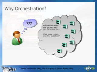 Why Orchestration? Tammo van Lessen (IAAS, Uni Stuttgart) & Simon Moser (IBM) ??? To achieve a business goal, you often need more than one service… Which to use, in which order, how to use them? 