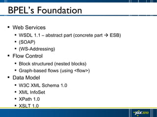 BPEL’s Foundation <ul><li>Web Services </li></ul><ul><ul><li>WSDL 1.1 – abstract part (concrete part    ESB) </li></ul></...
