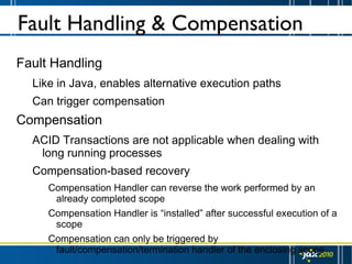 Fault Handling & Compensation <ul><li>Fault Handling </li></ul><ul><ul><li>Like in Java, enables alternative execution pat...