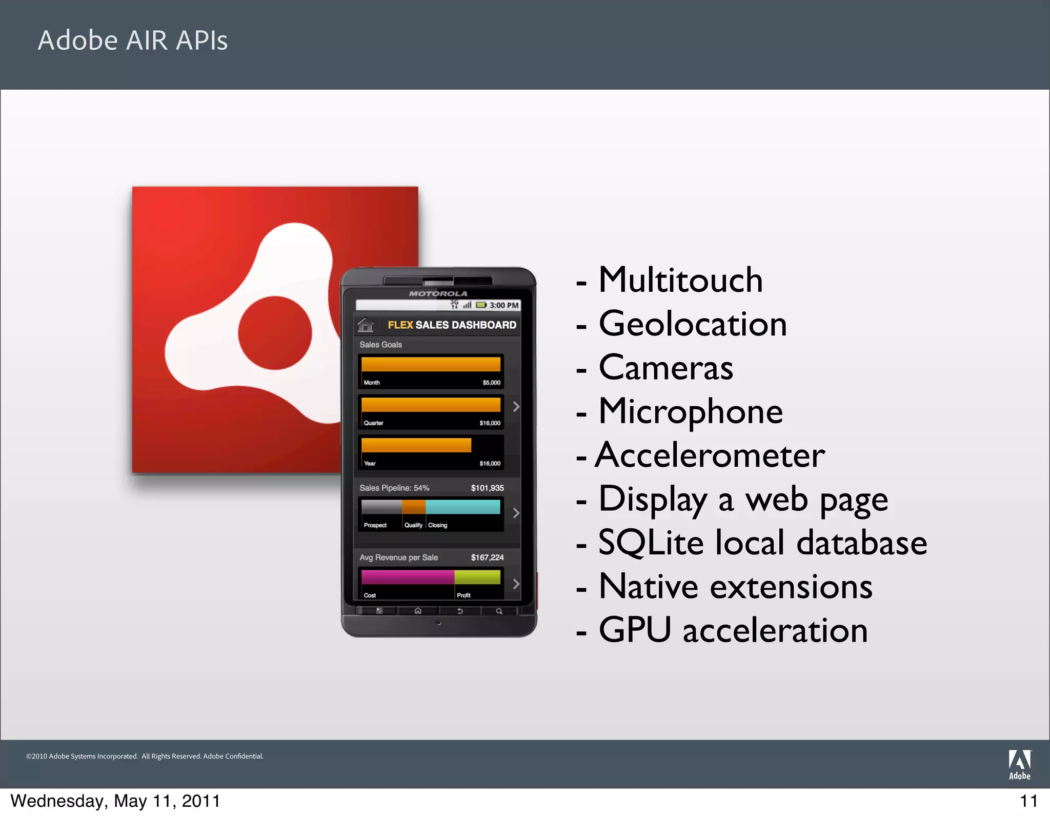 Adobe AIR APIs




                                                                             - Multitouch
                                                                             - Geolocation
                                                                             - Cameras
                                                                             - Microphone
                                                                             - Accelerometer
                                                                             - Display a web page
                                                                             - SQLite local database
                                                                             - Native extensions
                                                                             - GPU acceleration


 ©2010 Adobe Systems Incorporated. All Rights Reserved. Adobe Con dential.




Wednesday, May 11, 2011                                                                                11
 