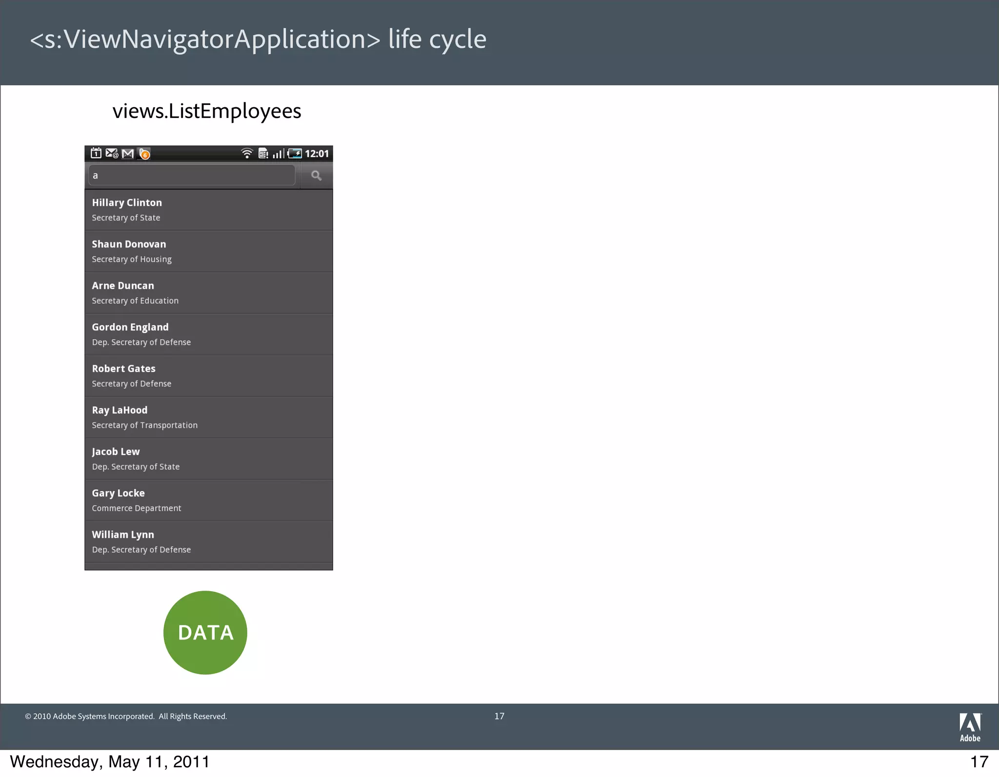 <s:ViewNavigatorApplication> life cycle

                        views.ListEmployees                views.DetailsEmployee   views.ListEmployees




                                                                view destroyed        view created



                               view destroyed                 view created




                                                              “BACK” bu on

                                          DATA                      subset               DATA

                                                            persisted in memory
 © 2010 Adobe Systems Incorporated. All Rights Reserved.             17



Wednesday, May 11, 2011                                                                                  17
 