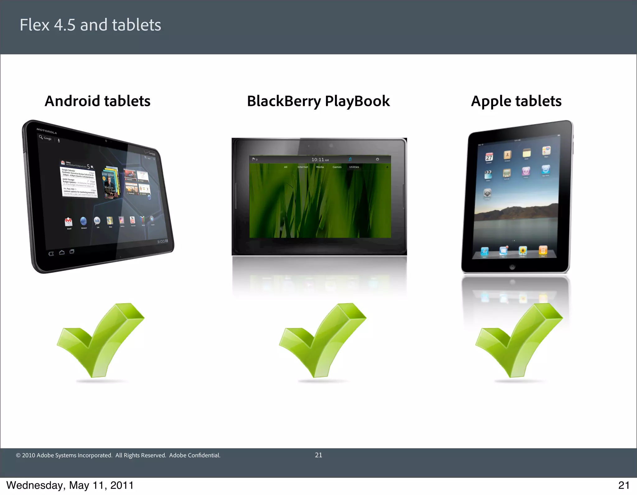 Flex 4.5 and tablets



           Android tablets                                                    BlackBerry PlayBook   Apple tablets




 © 2010 Adobe Systems Incorporated. All Rights Reserved. Adobe Con dential.            21



Wednesday, May 11, 2011                                                                                             21
 